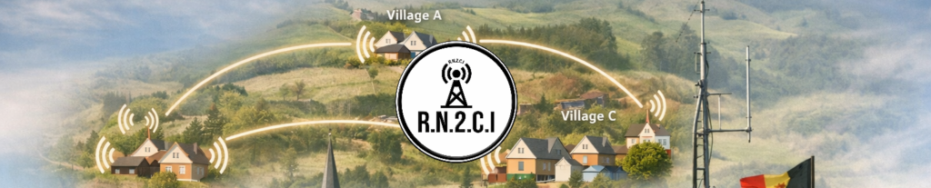 Schéma réaliste du réseau radio citoyen RN2CI utilisant talkies-walkies PMR446 et CB pour relier les citoyens et les villages